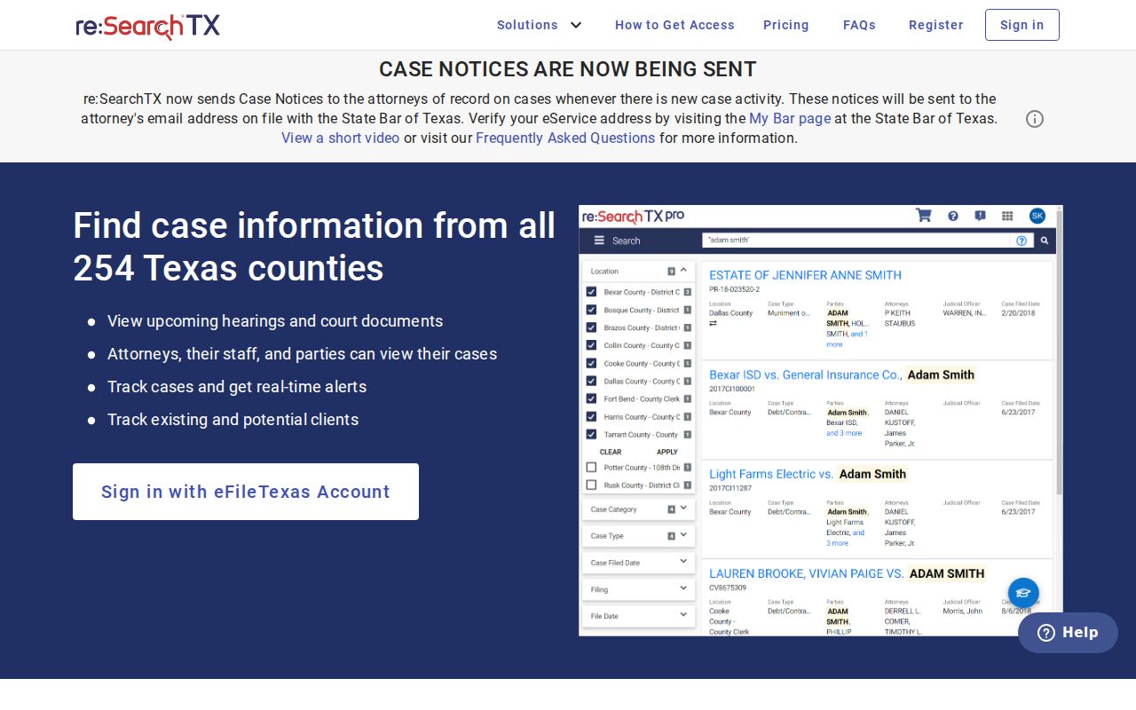 Pecos County court case lookup entry at re SearchTX