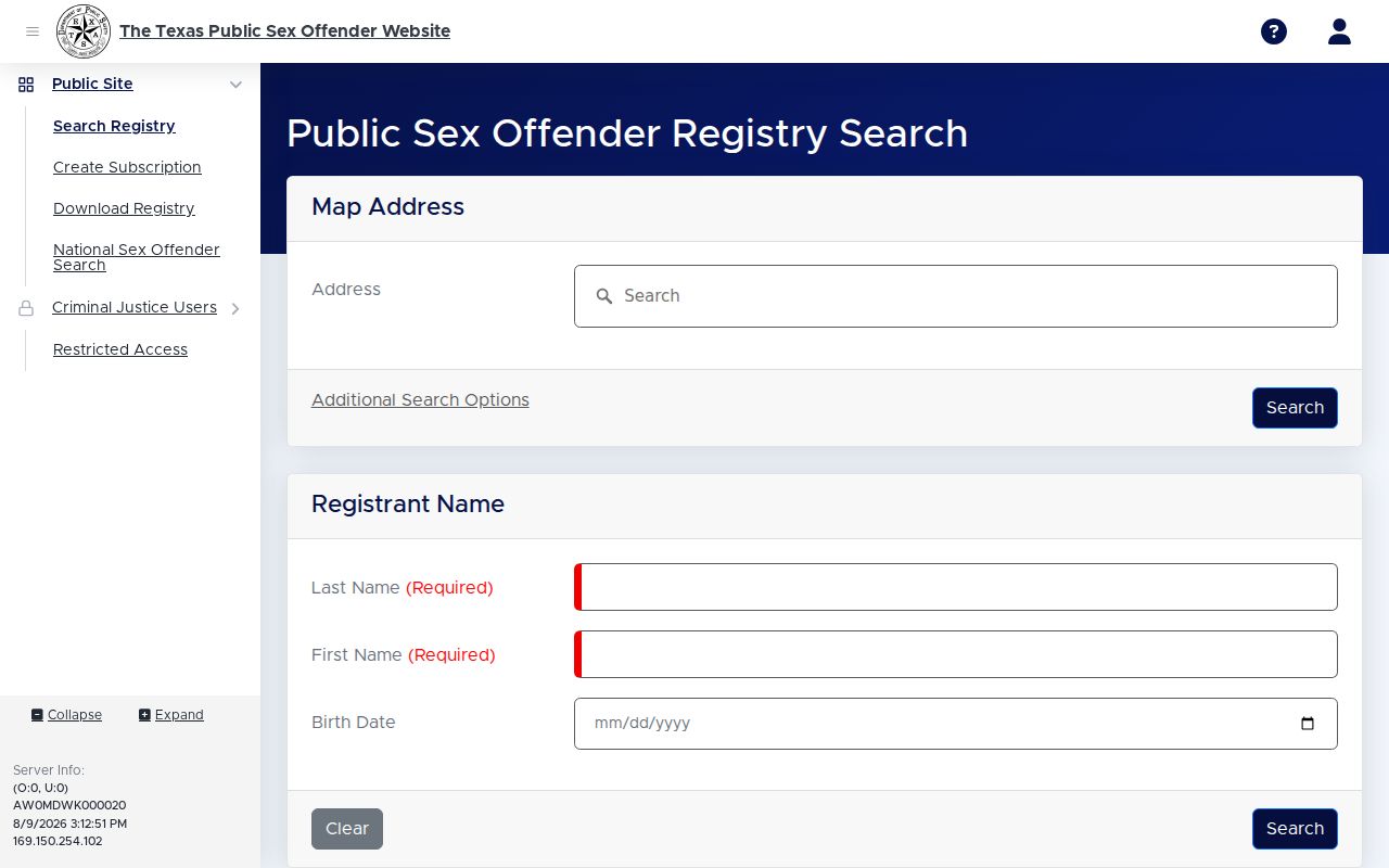 Pecos County sex offender registry profile field layout