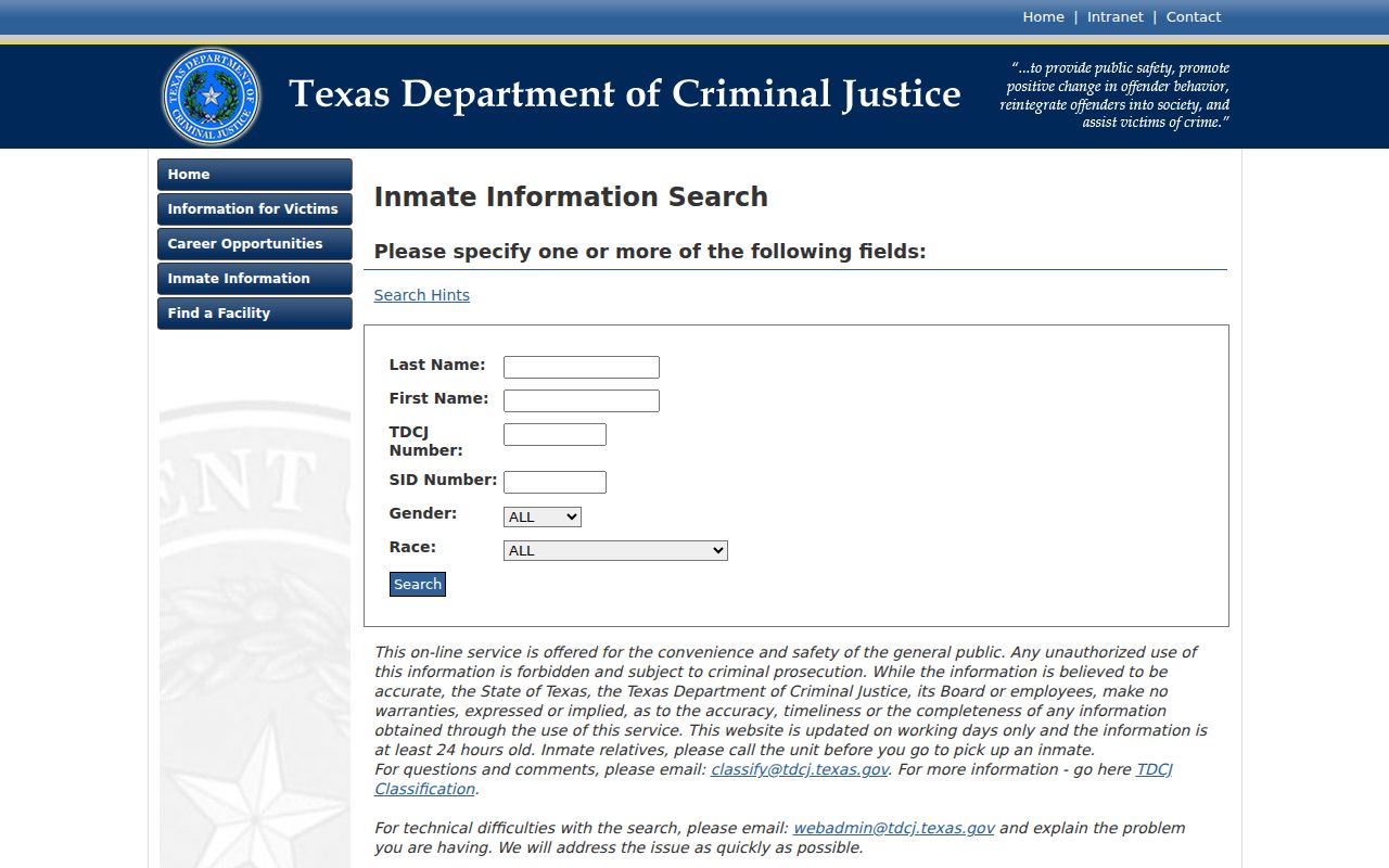 TDCJ locator for Pecos County criminal custody records
